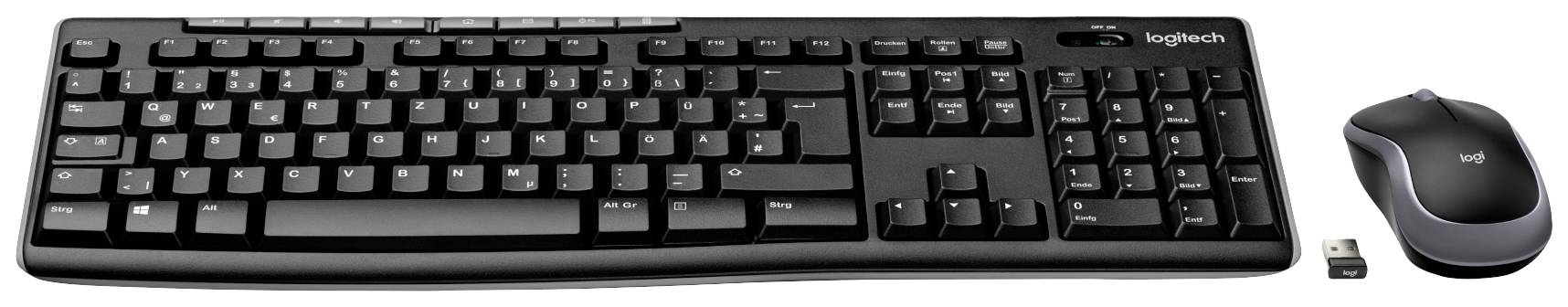 Kabellose Tastatur und Maus-Set. Die Tastatur hat ein flaches Design mit vollständigem Tastenfeld. Ein USB-Empfänger ist inklusive.