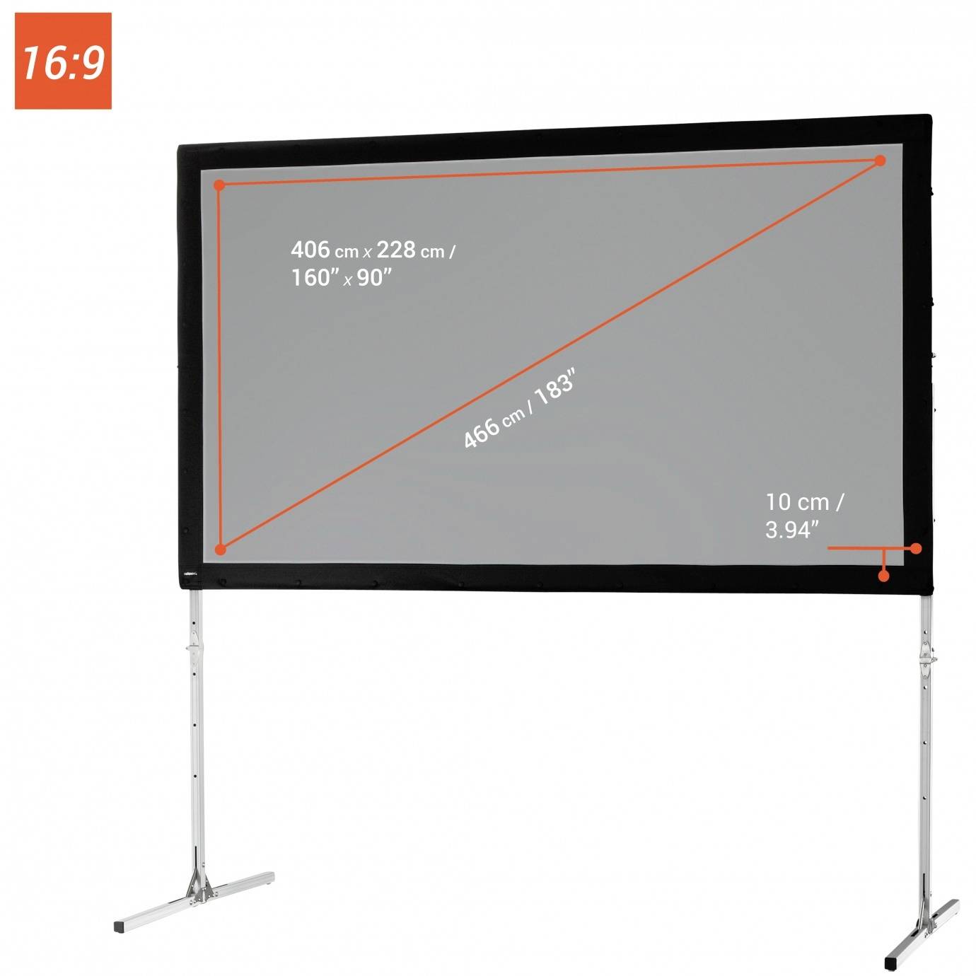Freistehende Leinwand mit einem 16:9-Format, Maßen von 406 cm x 228 cm, diagonale Länge von 466 cm, und 10 cm vom Boden.