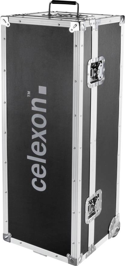Schwarzer Transportkoffer mit silbernem Rahmen und Griff, steht aufrecht, Aufschrift 'celexon' in Weiß an der Seite.