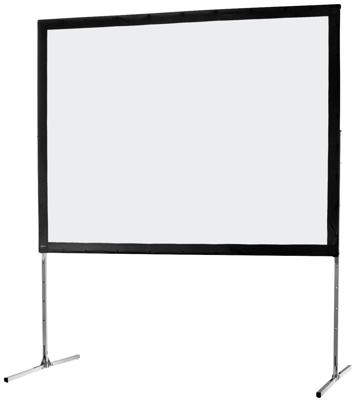 Ein weißer Projektionsbildschirm mit schwarzem Rahmen auf zwei Metallständern. Geeignet für Präsentationen oder Filme.