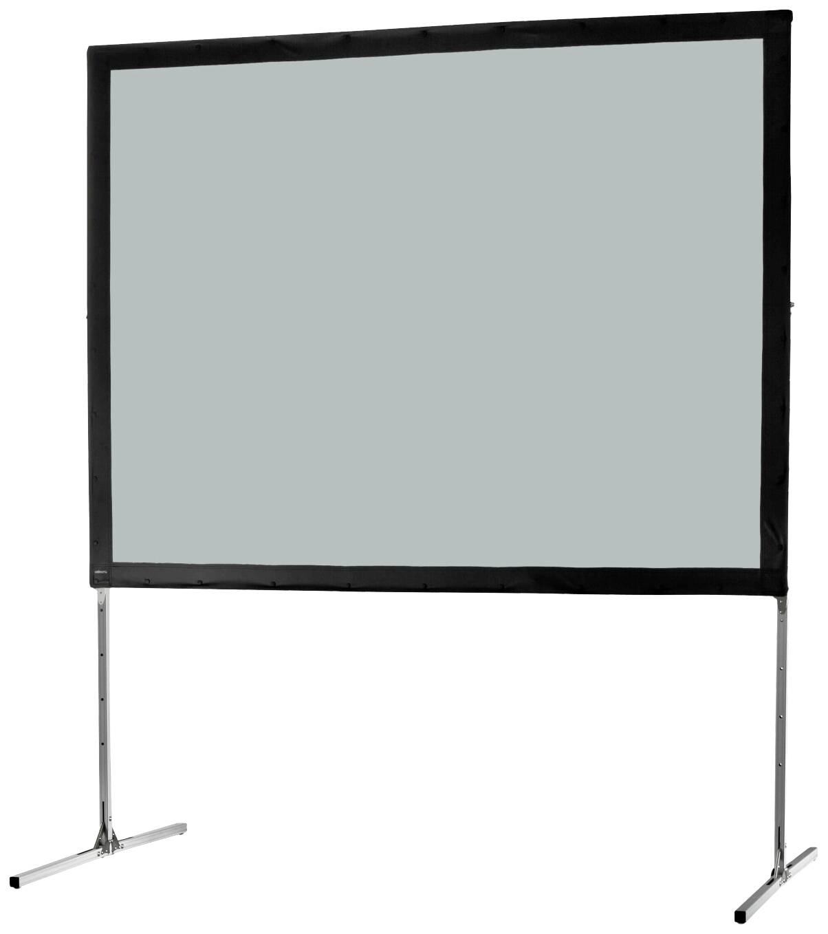 Leinwand mit schwarzem Rand auf Metallständer, bereit für Projektionen.