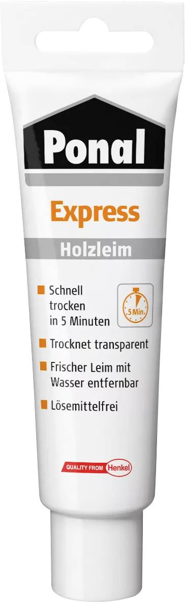 Tube mit 'Ponal Express Holzleim', schnelltrocknend, transparent, wasserlöslich, sowie lösemittelfrei.