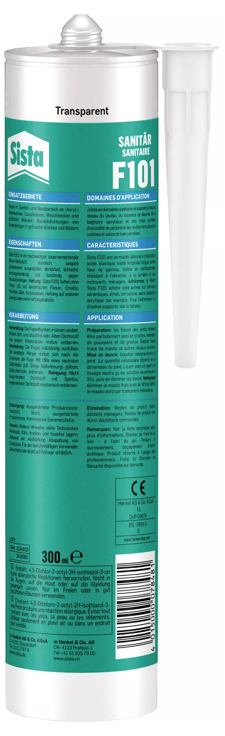 Kartusche mit transparentem Silikon-Dichtstoff für Sanitäranwendungen, Marke 'Sista', Modell 'F101', Volumen: 300 ml.