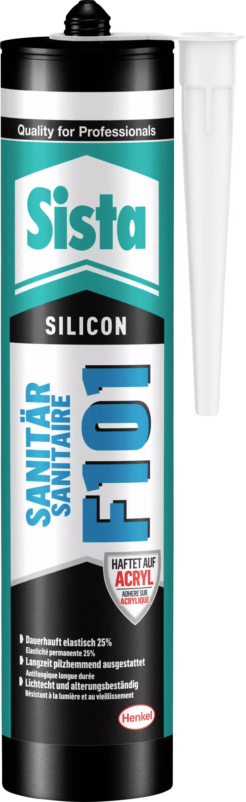 Kartusche mit Sanitär-Silikon F101, geeignet für dauerelastische Abdichtungen. Produkt ist speziell für den professionellen Einsatz.