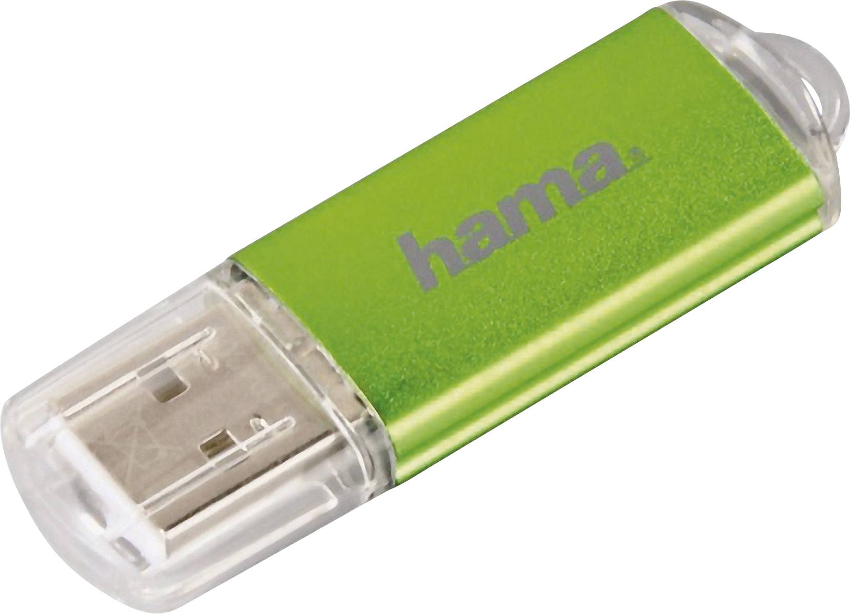 Ein grüner USB-Stick mit transparenten Kappen, der die Marke 'hama' trägt.