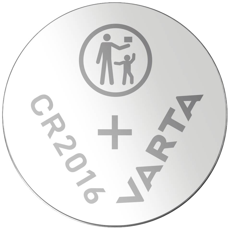 Silberne Knopfzelle mit Aufdruck 'CR2016 VARTA'. Symbol zeigt Erwachsenen und Kind mit Batterie.