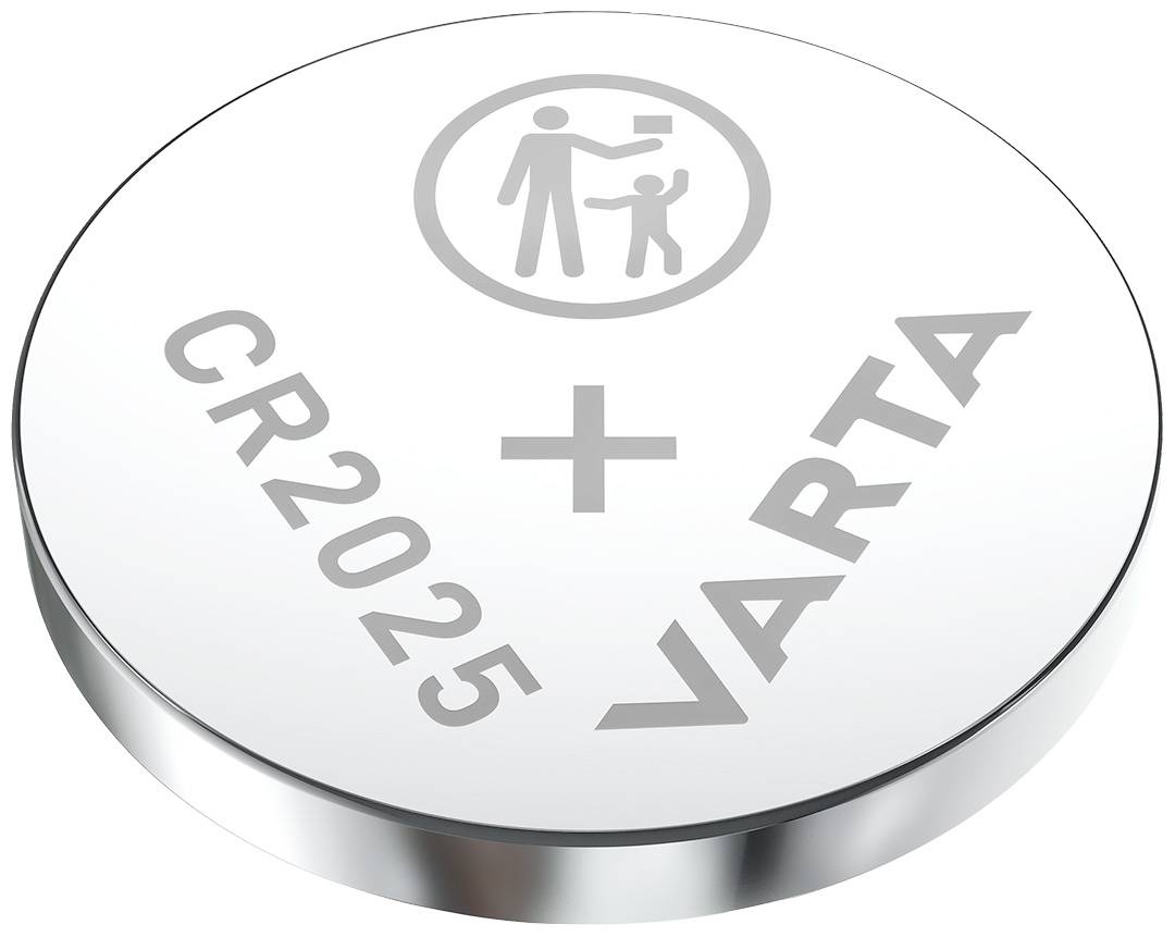 Silberne Knopfzellen-Batterie mit eingeprägten Zeichen 'CR2025' und 'VARTA'; Symbol oben zeigt einen Erwachsenen und ein Kind.