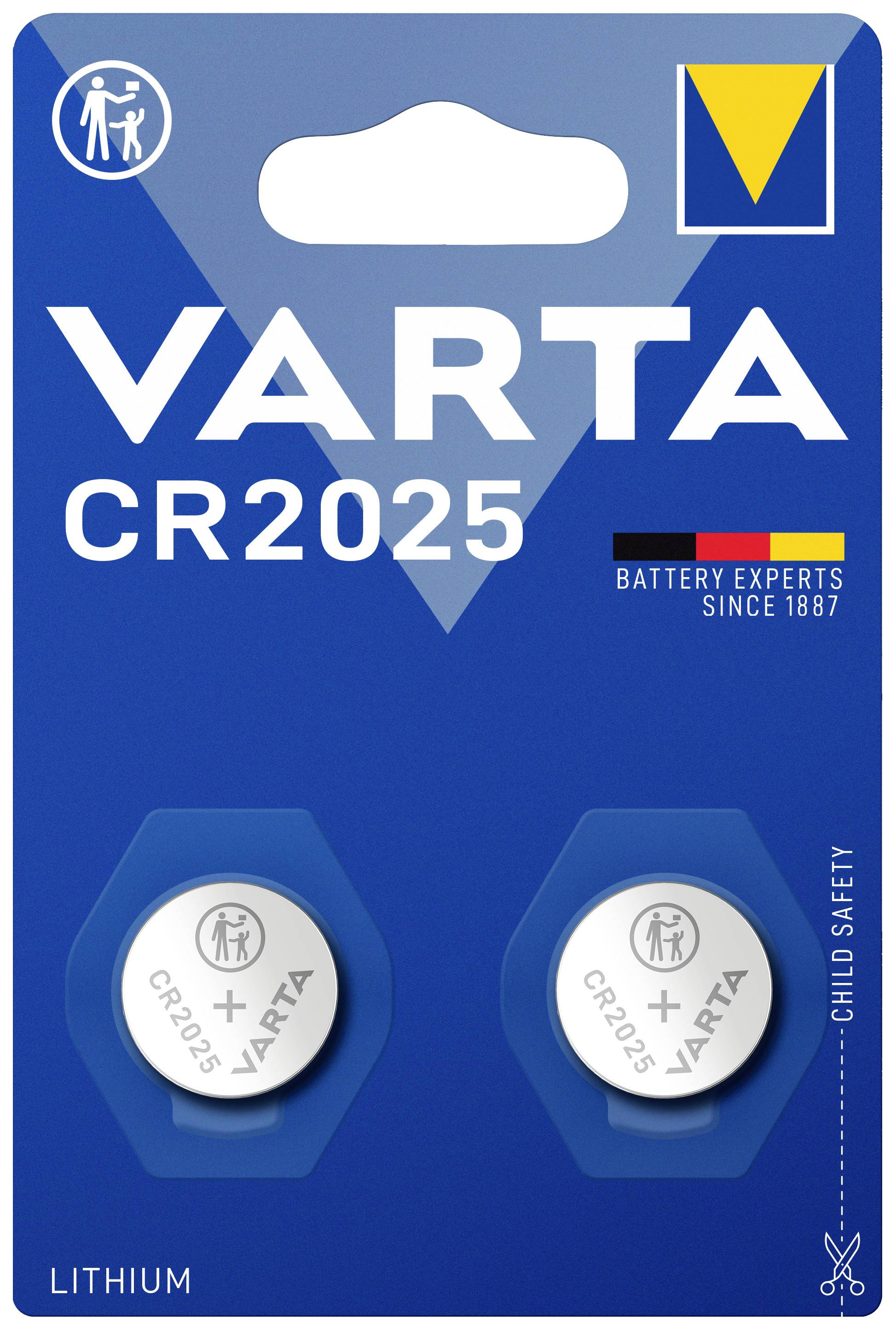 Zwei Knopfzellenbatterien der Marke VARTA CR2025, verpackt in blauem Karton. Text: 'Battery Experts Since 1887', 'Child Safety'.
