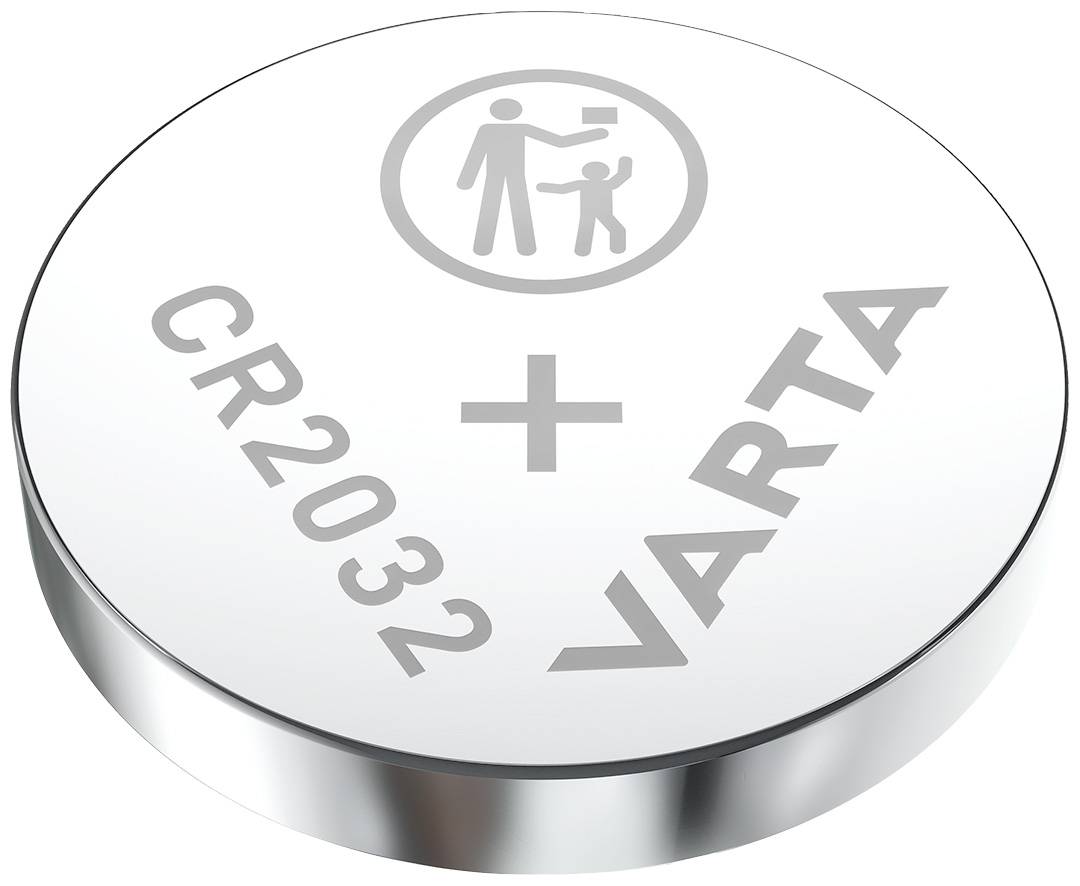 Silberne Knopfbatterie mit der Aufschrift 'CR2032' und 'VARTA'. Oben ein Symbol: Erwachsener und Kind in einem Kreis.