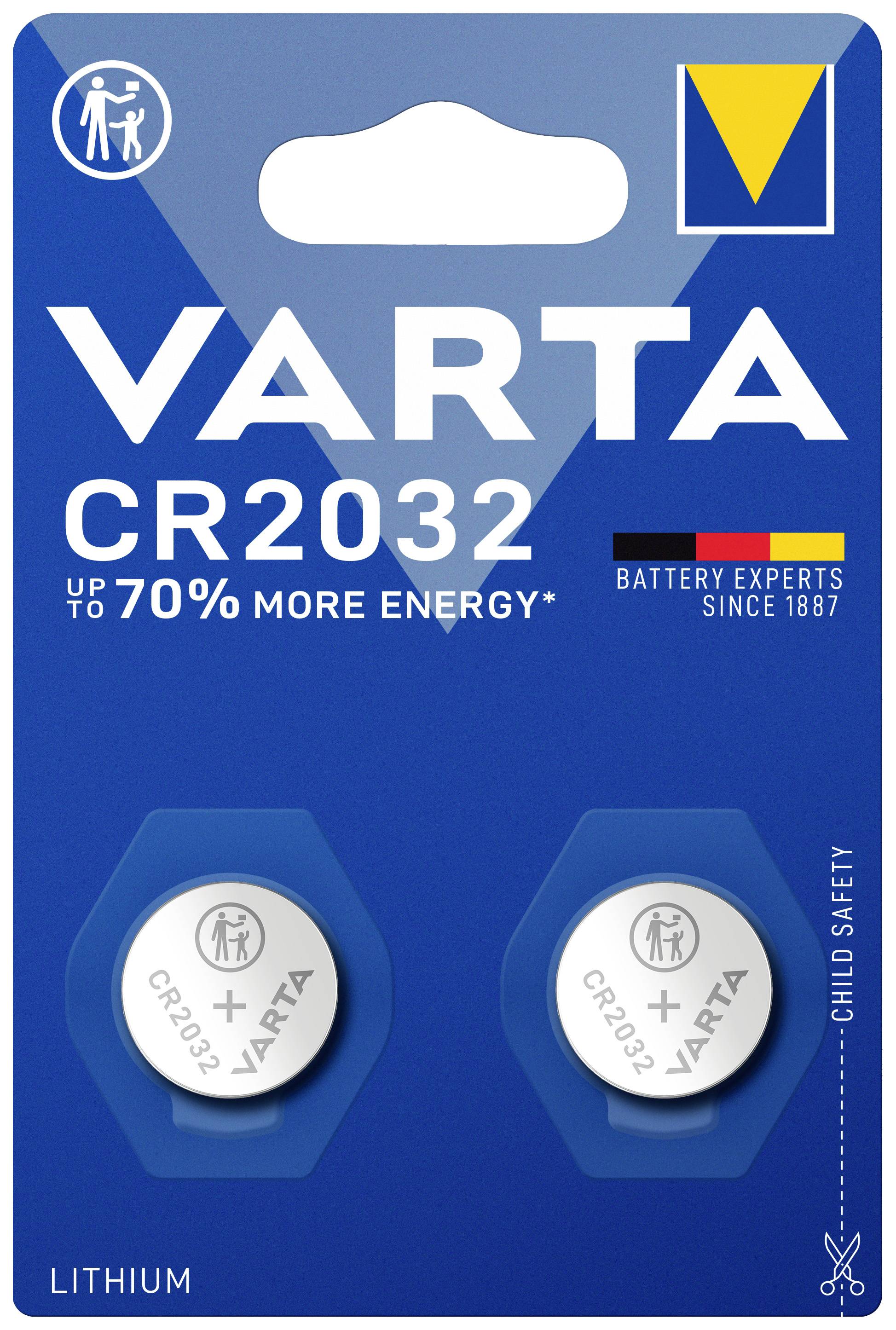 'Varta CR2032'-Batterien, zwei Stück auf Blisterverpackung. Hinweistexte: 'bis zu 70% mehr Energie', 'seit 1887', 'Kindersicherung'.