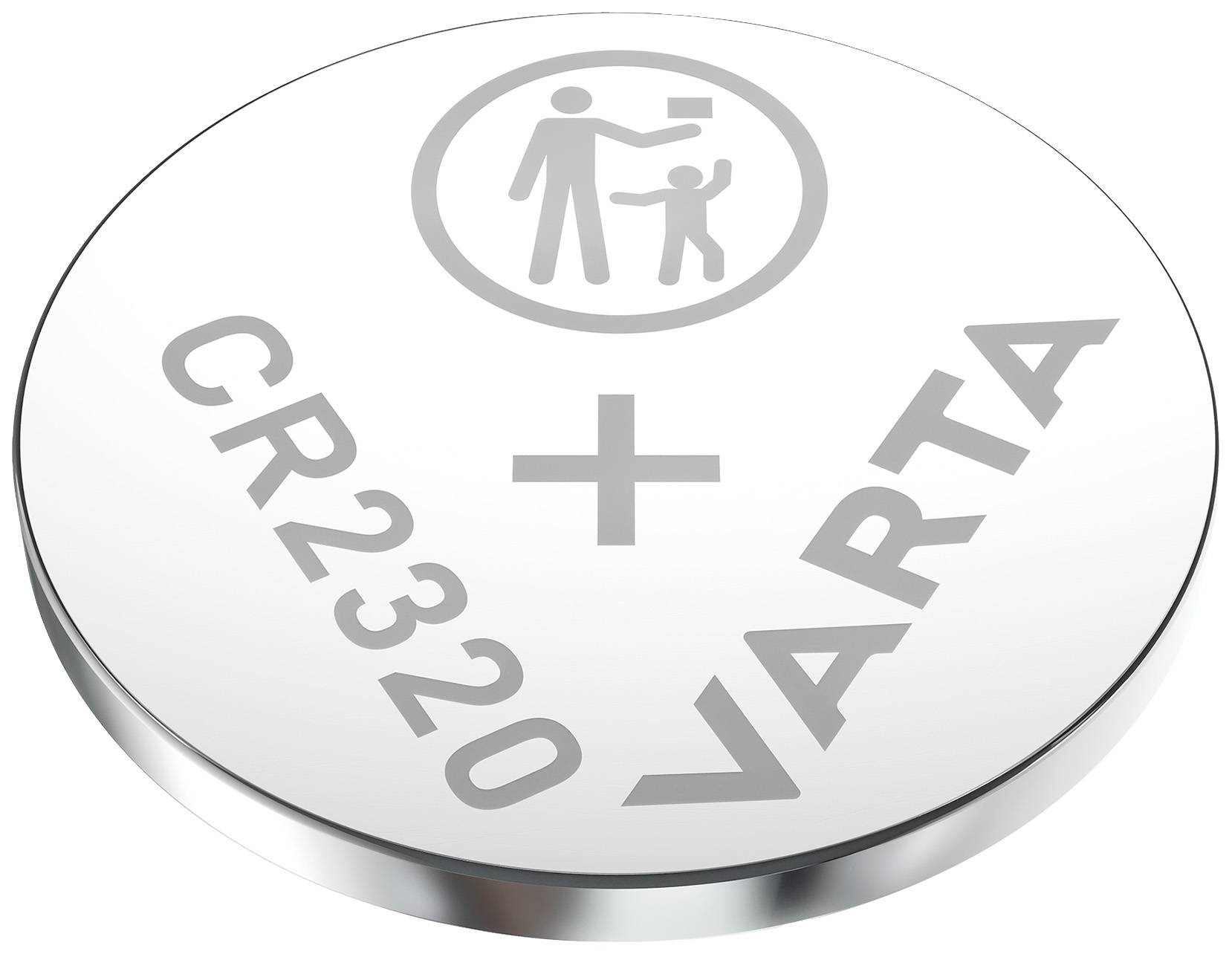 Runde Knopfzelle mit Aufschrift 'CR2320' und 'VARTA'. Neben einem Pluszeichen ist ein Symbol für Vorsicht bei Kleinkindern abgebildet.