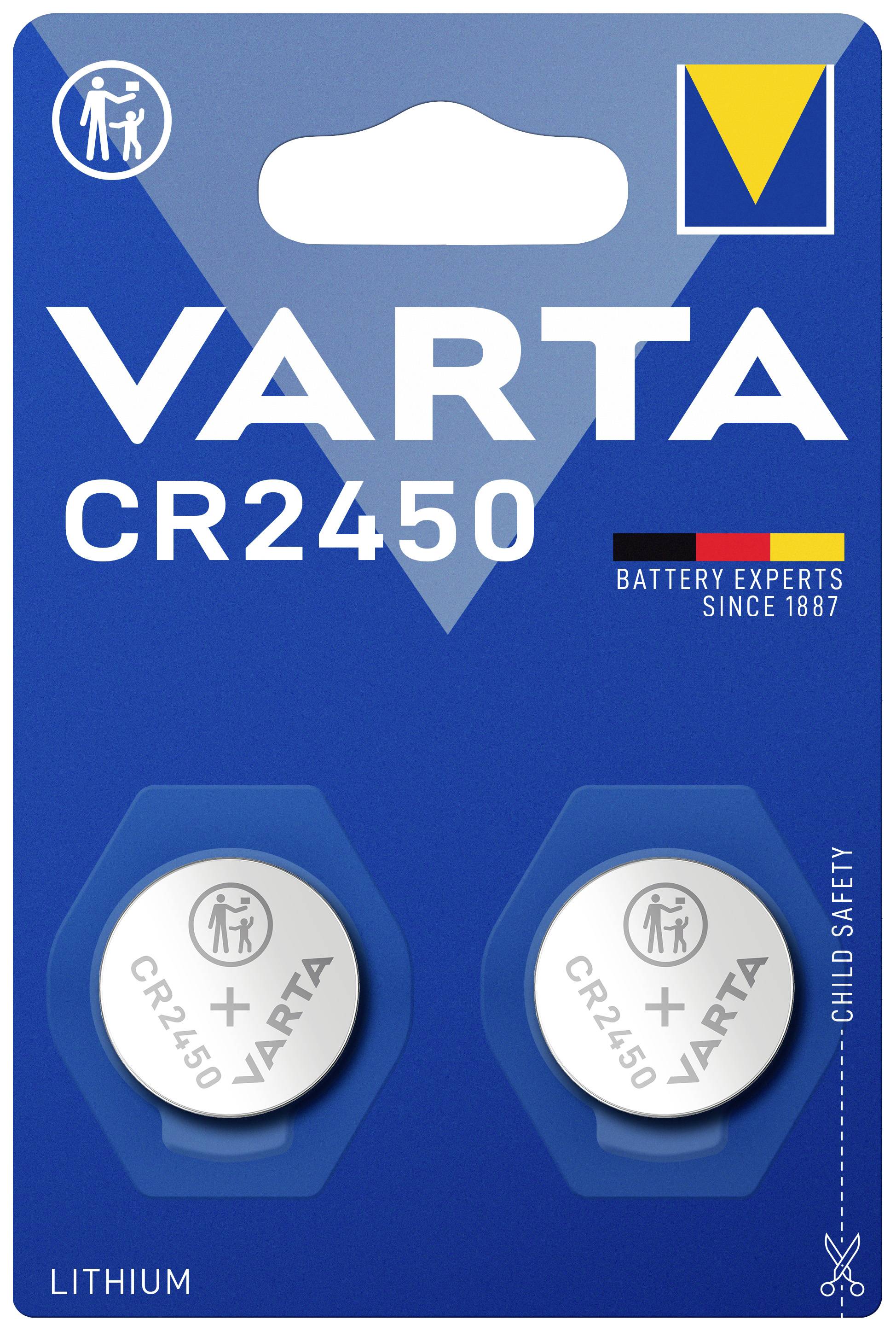 VARTA CR2450 Lithium-Batterien, zwei Stück in Verpackung, geeignet für Sicherheitsanwendungen. Kindersicherheitslogo oben links.