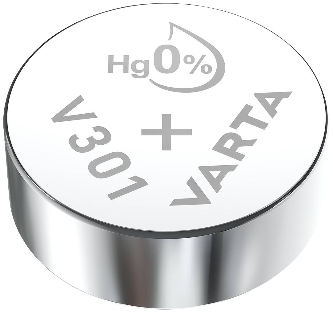 Silberfarbene Knopfzellenbatterie mit der Aufschrift 'Hg 0%', 'V301', und 'Varta'.