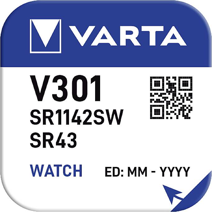 'VARTA' Knopfzellenverpackung zeigt Modell V301, SR1142SW, SR43, für Uhren. Ein QR-Code und der Text 'ED: MM - YYYY' sind sichtbar.