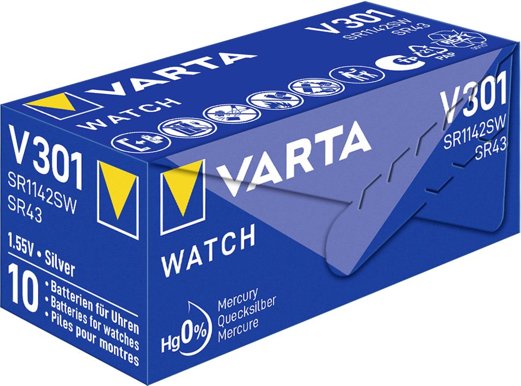 Blaue Verpackung einer Varta-Uhrenbatterie V301, 1.55V, Silber, quecksilberfrei, enthält 10 Batterien für Uhren.