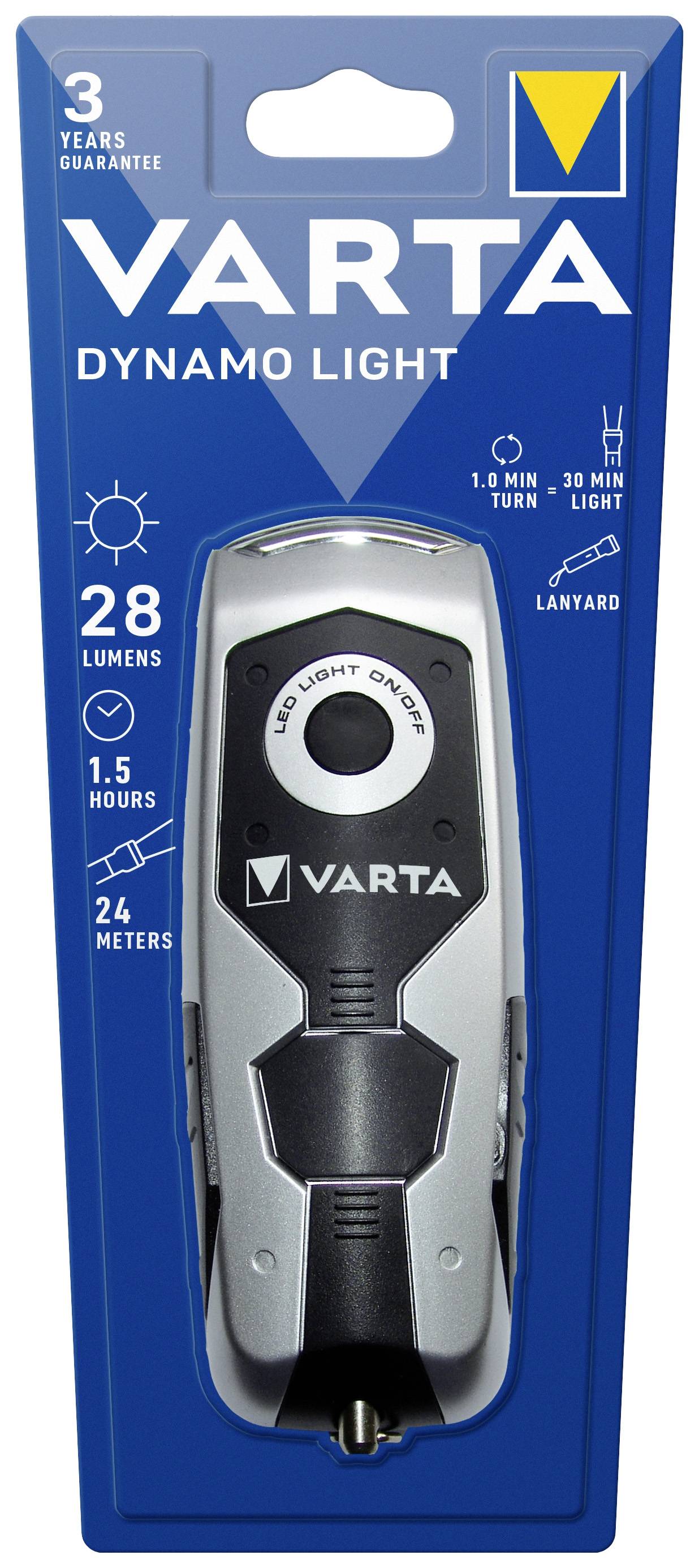 Verpackung einer VARTA Dynamo Light Taschenlampe mit 28 Lumen, 1,5 Stunden Laufzeit, leuchtet bis zu 24 Meter. Enthält Lanyard.