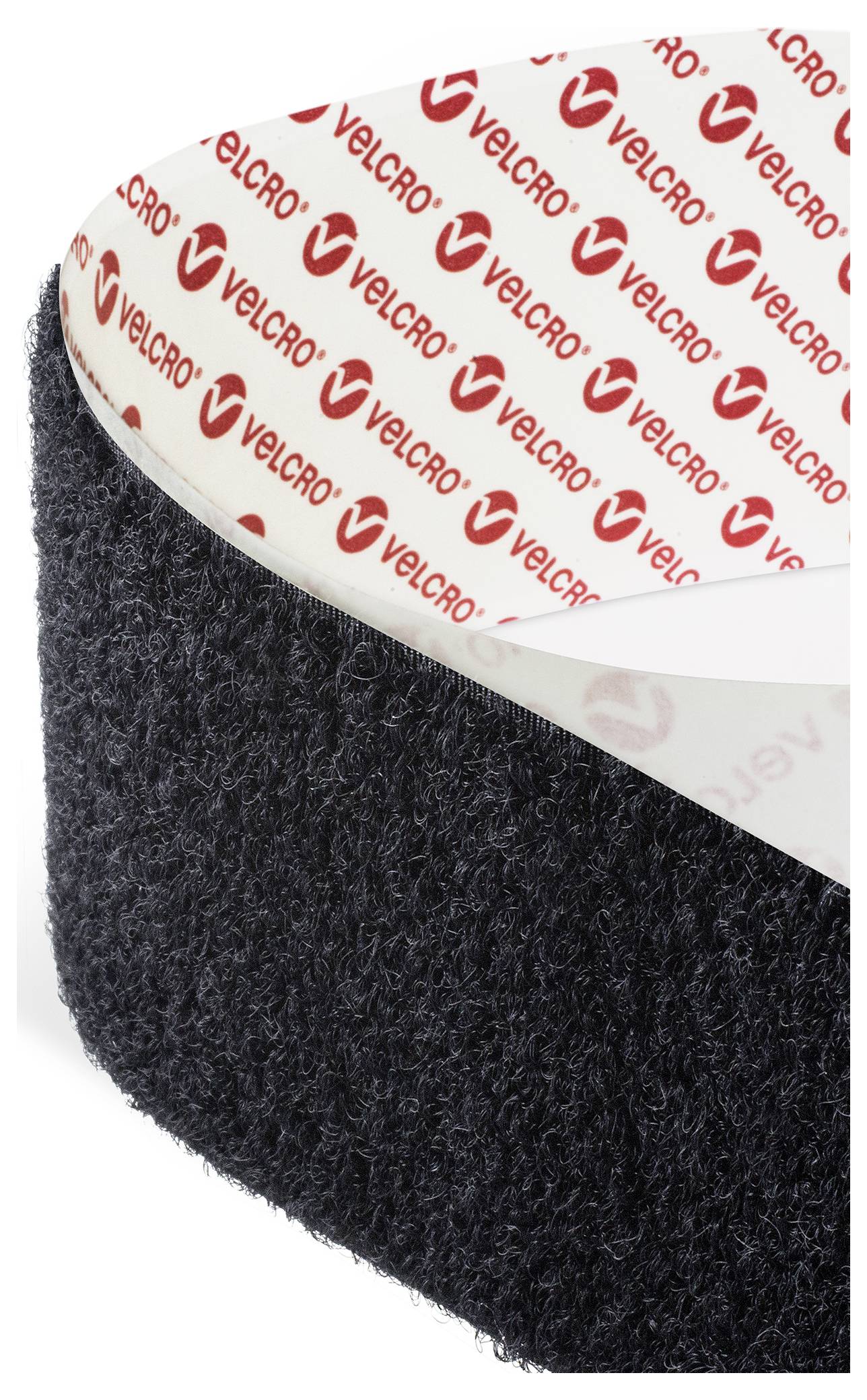 Eine Rolle schwarzes Klett- und Flausch-Band, das mit „VELCRO