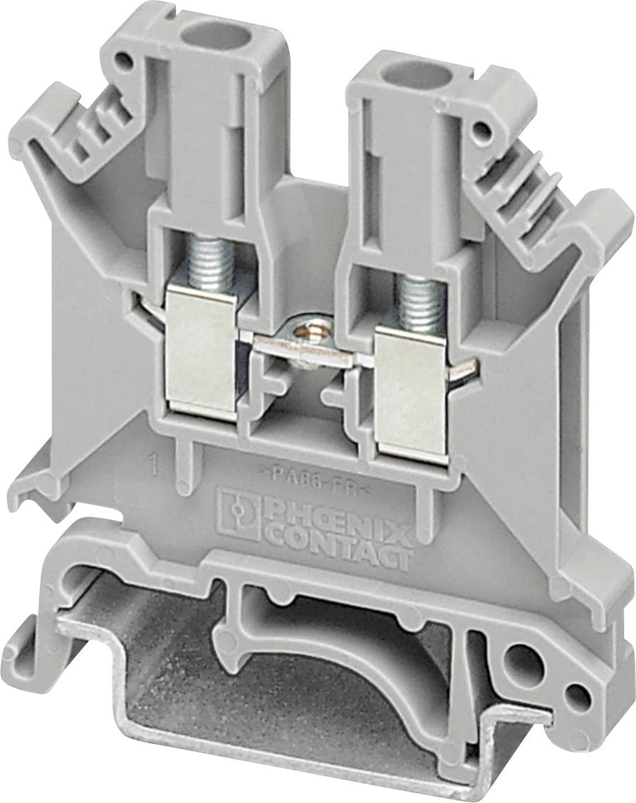 Ein grauer Elektroklemmenblock mit zwei Schraubanschlüssen und einer Metallscharnierklammer, konzipiert für sichere Drahtverbindungen.