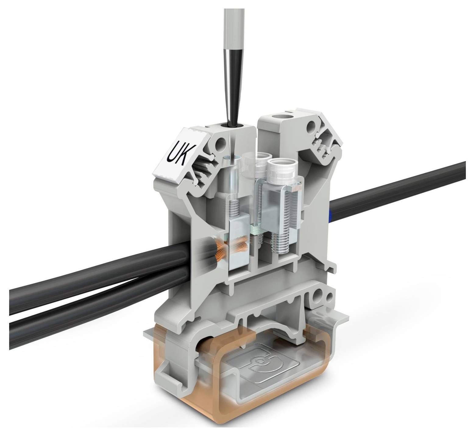 Federklemmen-Anschlussblock zum Halten von Drähten, beschriftet mit UK, zeigt interne Stecker und Drahtleitungen für elektrische Anwendungen.