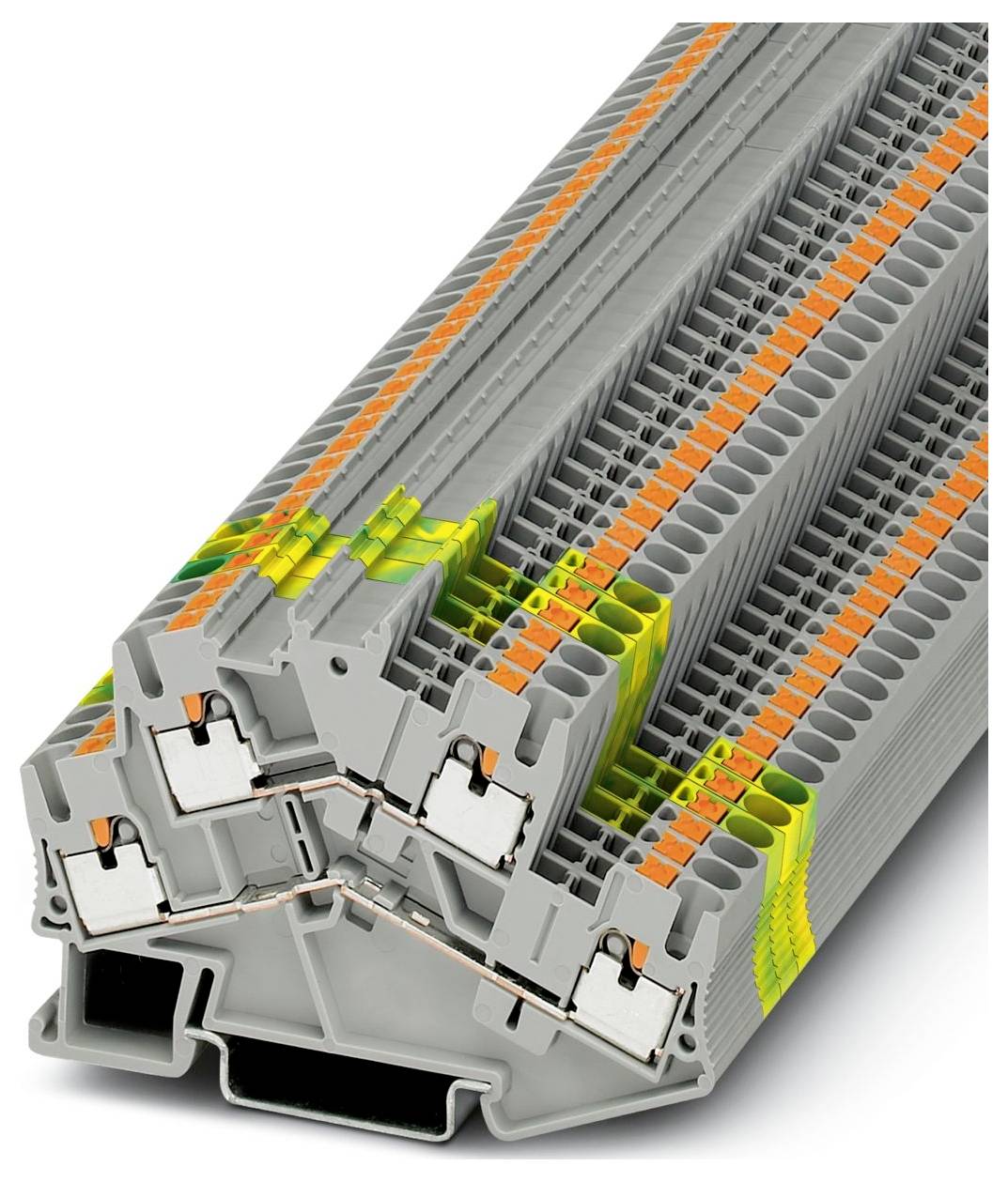 Ein graues Kunststoff-Klemmleistengehäuse mit orangefarbenen und grünen Anschlüssen, angeordnet in einer dreieckigen Konfiguration.