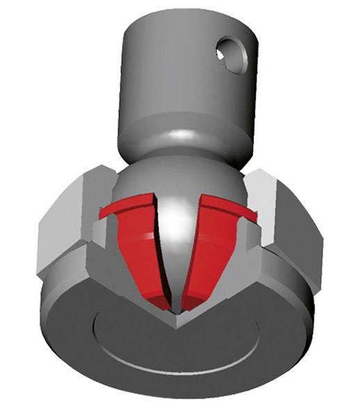 Eine 3D-Illustration zeigt eine mechanische Komponente mit zwei roten Klemmen, die auf einem zylindrischen Sockel befestigt sind.
