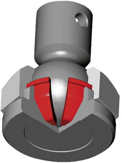 Ein metallisches mechanisches Bauteil mit kugelförmigem Element und roten, keilförmigen Einsätzen, von leicht schräg unten betrachtet.