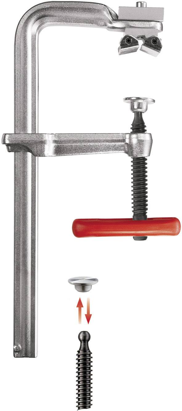 Metallischer Schraubzwinge mit rotem Griff, Nahaufnahme. Zeigt das Bewegungsprinzip des Spannmechanismus mit Pfeilen an.