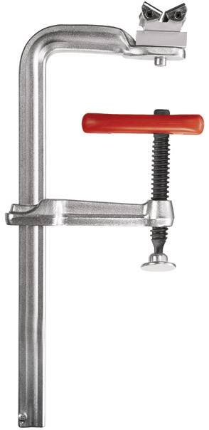 Eine silberne Schraubzwinge mit rotem Griff, vertikal ausgerichtet.