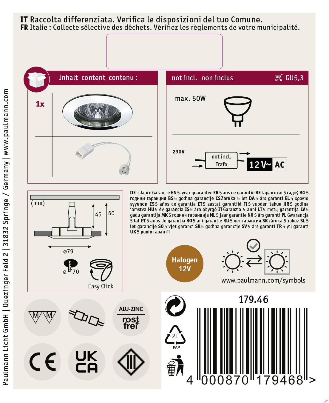 Paulmann 17946 Einbauring Halogen GU5.3 50W Chrom