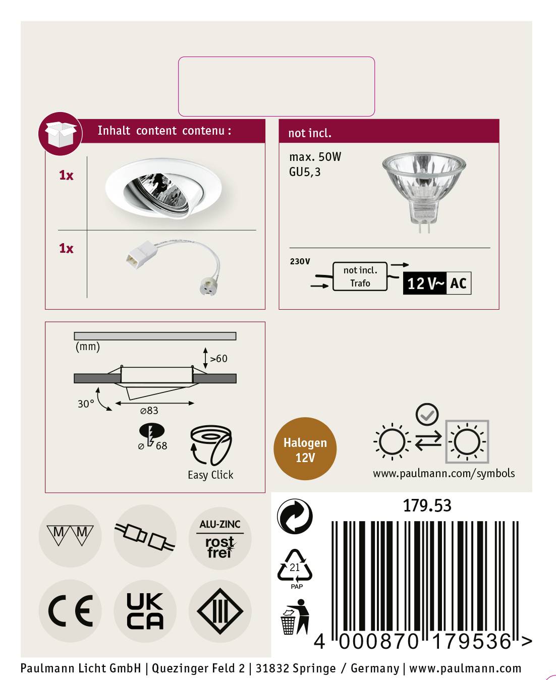 Paulmann 17953 Premium Einbauring Halogen GU5.3 50W Weiß