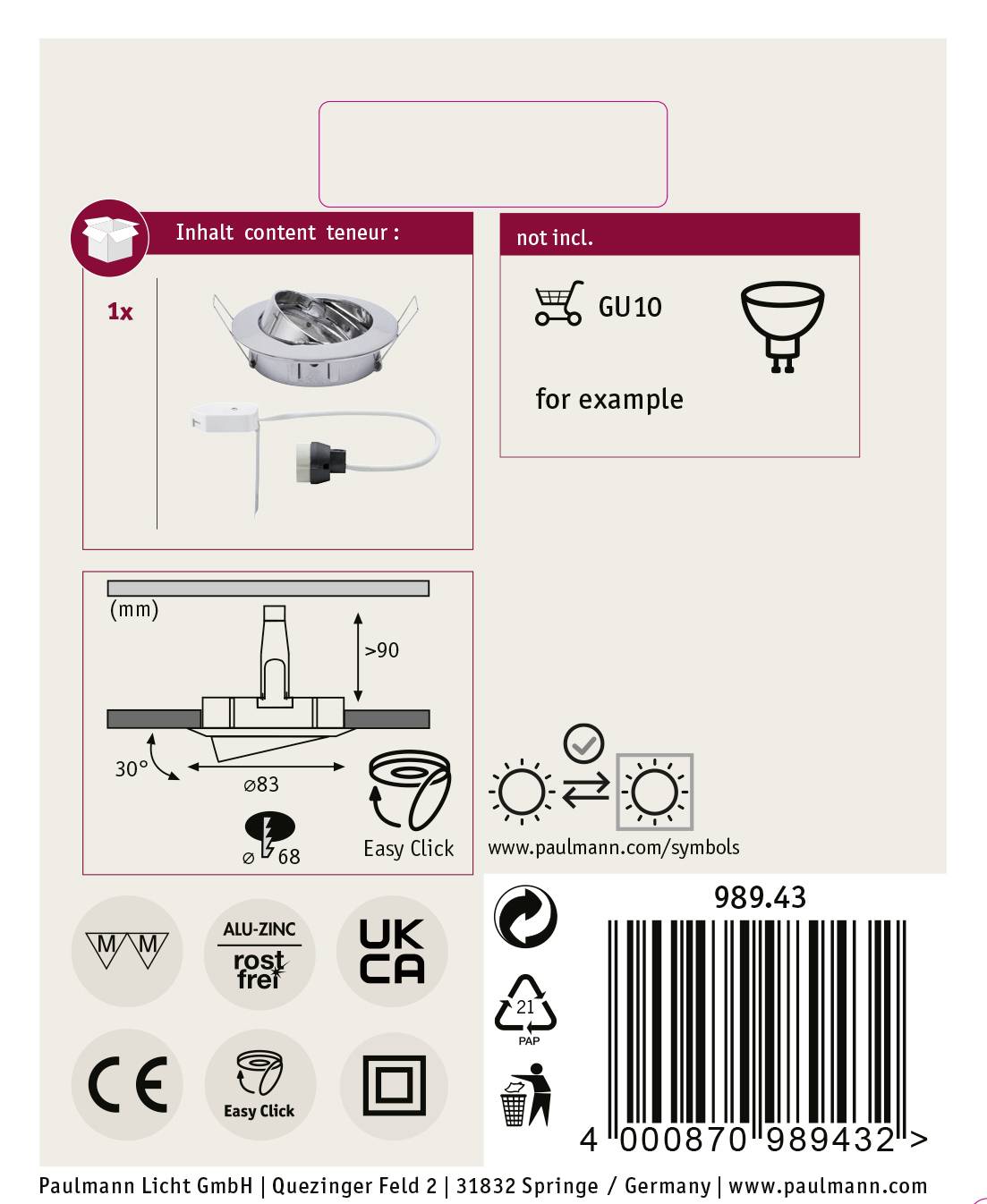 Paulmann 98943 Premium Line Einbauring Halogen GU10 50W Chrom