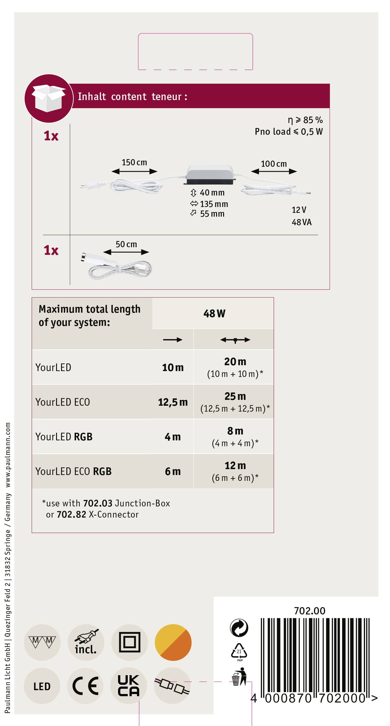 Verpackungsrückseite mit Informationen zu LED-Streifen. Zeigt kompatible Längen (10m, 12,5m, 6m), Leistung (48W max) und Zubehör.