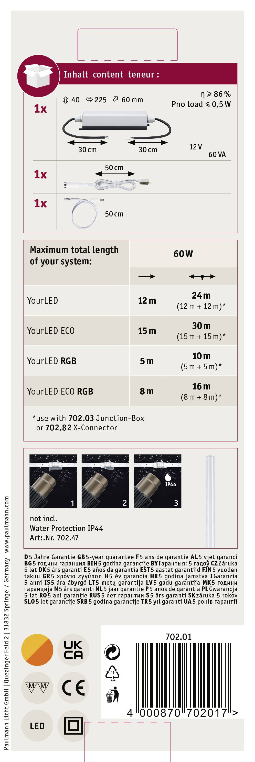 Anleitung für LED-System: Enthält 1x derzeitigen Konnektor, 1x Leitungskabel und 1x Endstück. Maximale Systemlänge: 60W. Kompatibel mit verschiedenen LED-Modellen. Schutzart IP54.