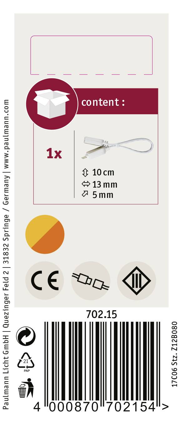 Paulmann 70215 Verbindungskabel (L x B x H) 11cm x 13mm x 5mm 1St.
