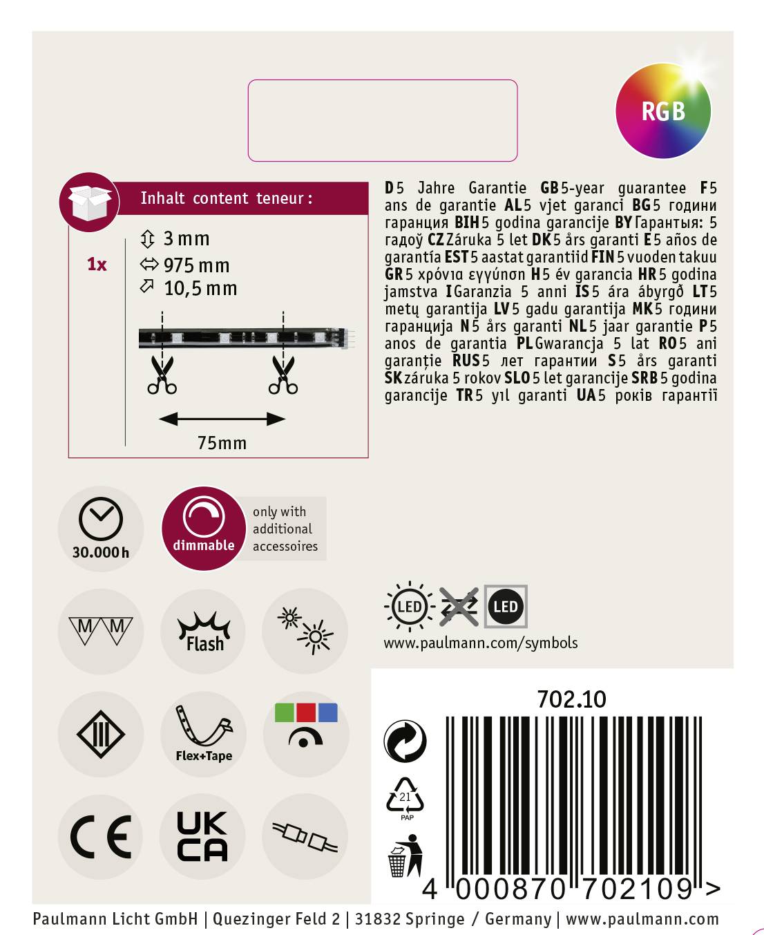 Paulmann YourLED 70210 LED-Streifen mit Stecker 12V 975mm RGB 1St.