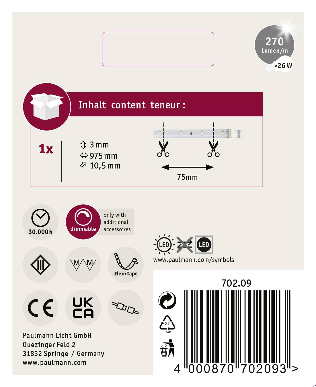 Paulmann YourLED 70209 LED-Streifen mit Stecker 12V 975mm Neutralweiß 1St.