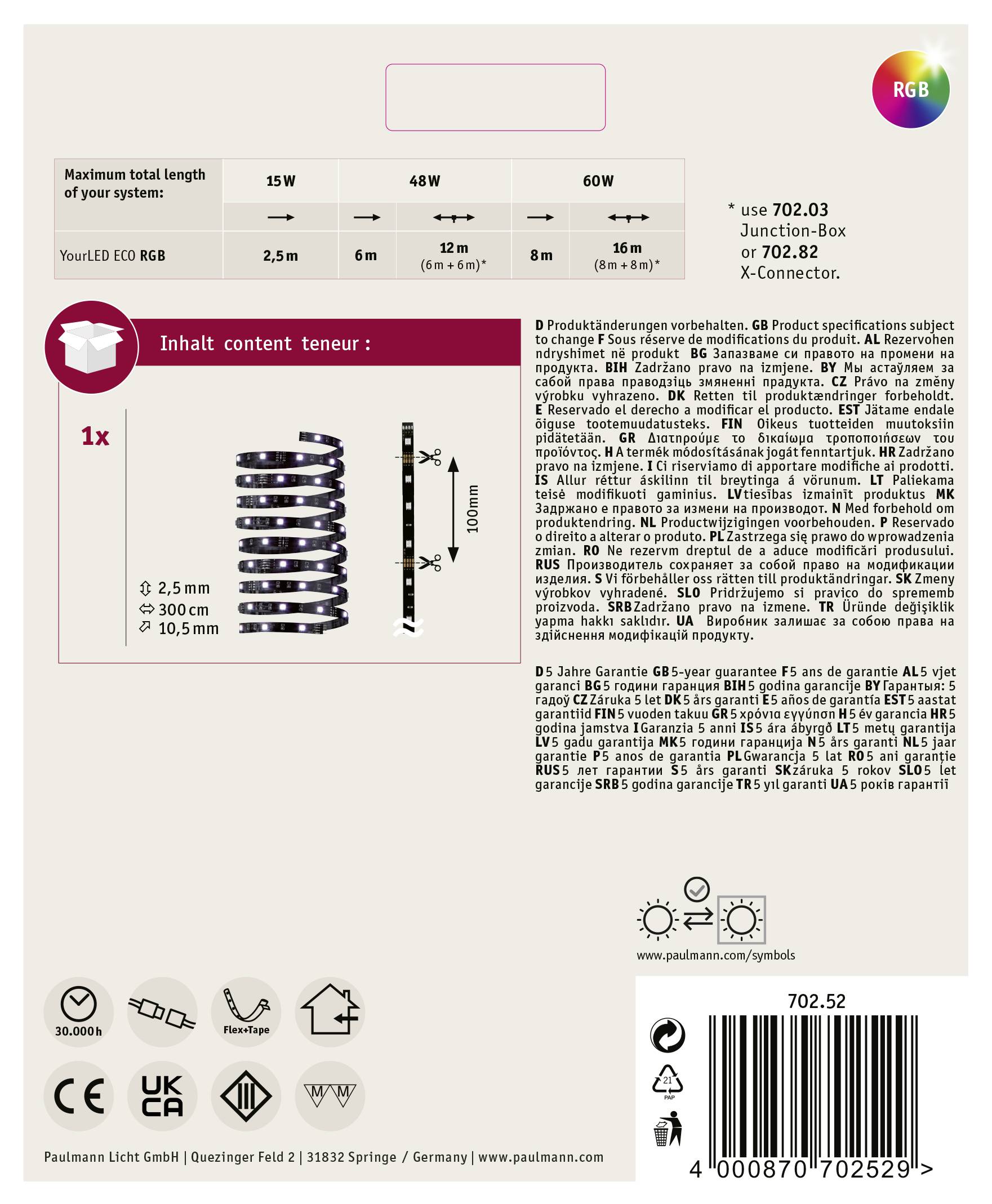 Paulmann YourLED Eco 70252 LED-Streifen mit Stecker 12V 3m RGB 1St.