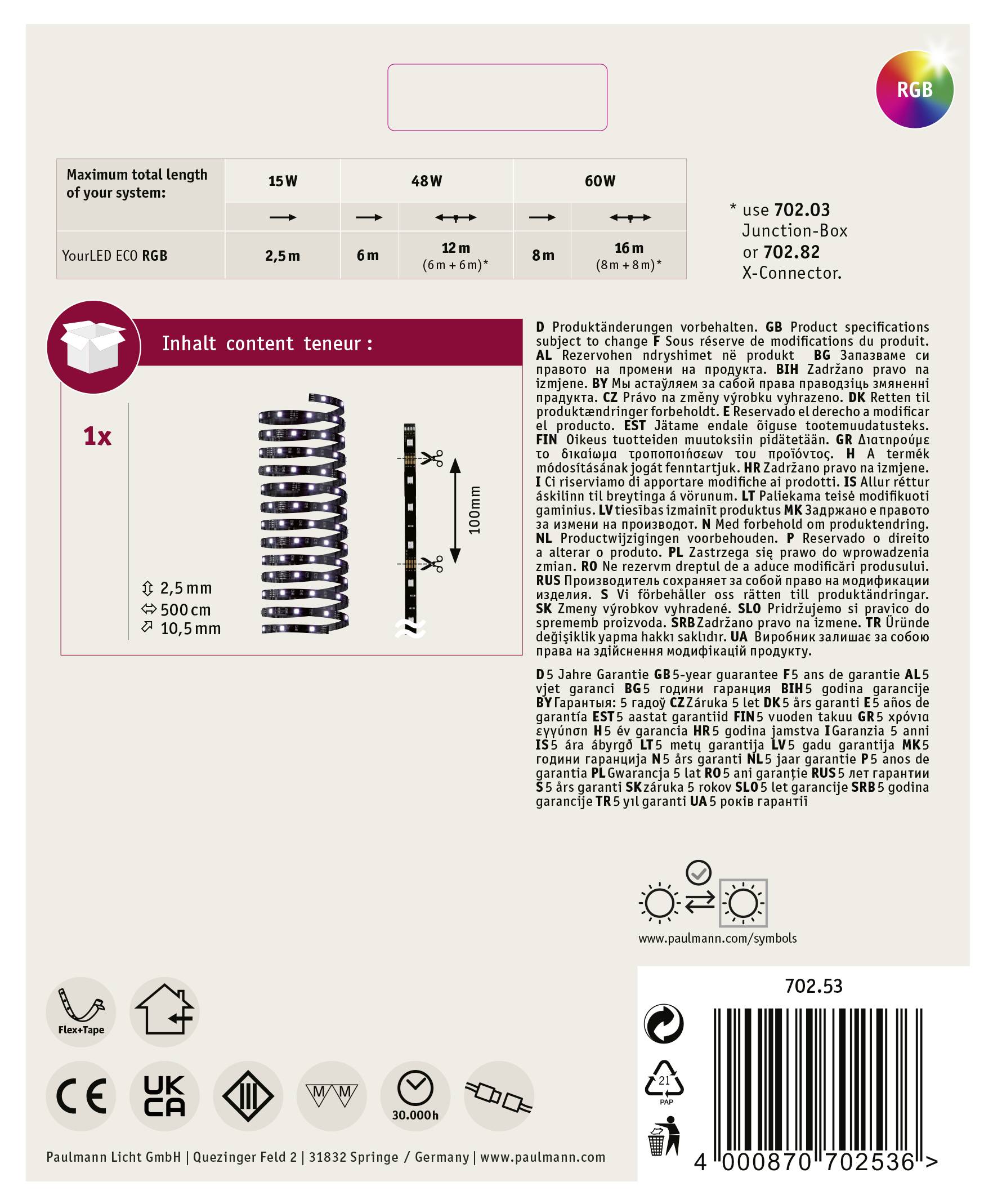 Paulmann YourLED Eco 70253 LED-Streifen mit Stecker 12V 5m RGB 1St.