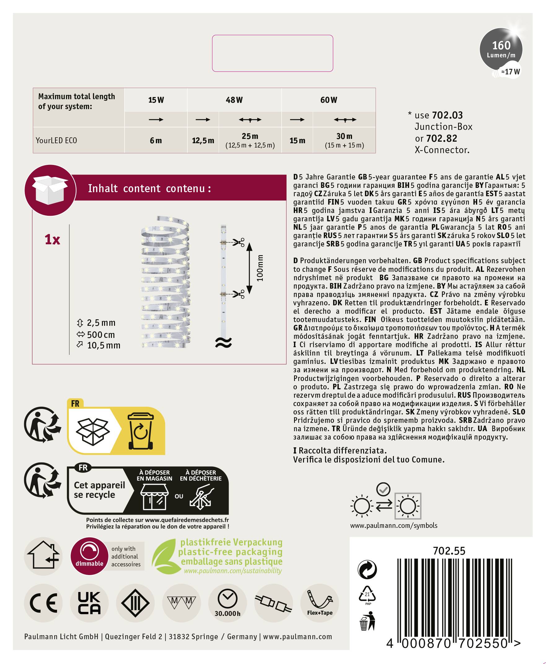 Paulmann YourLED Eco 70255 LED-Streifen mit Stecker 12 V 5 m Warmweiß 1 St.