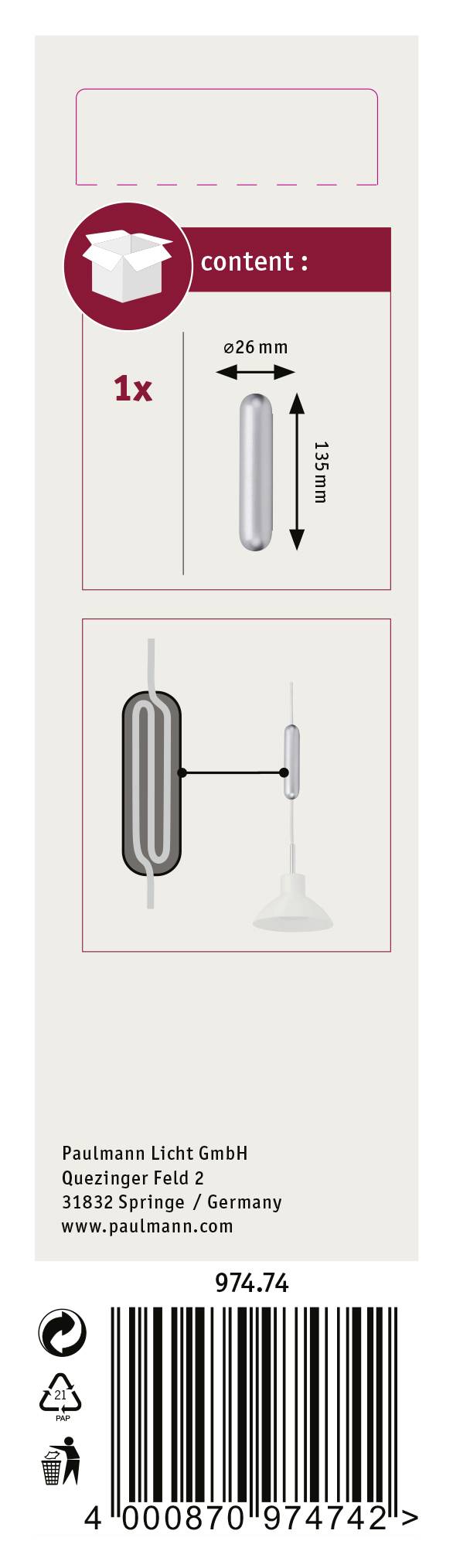 Paulmann 97474 Hochvolt-Schienensystem-Komponente Pendelleuchten-Adapter Chrom (matt)