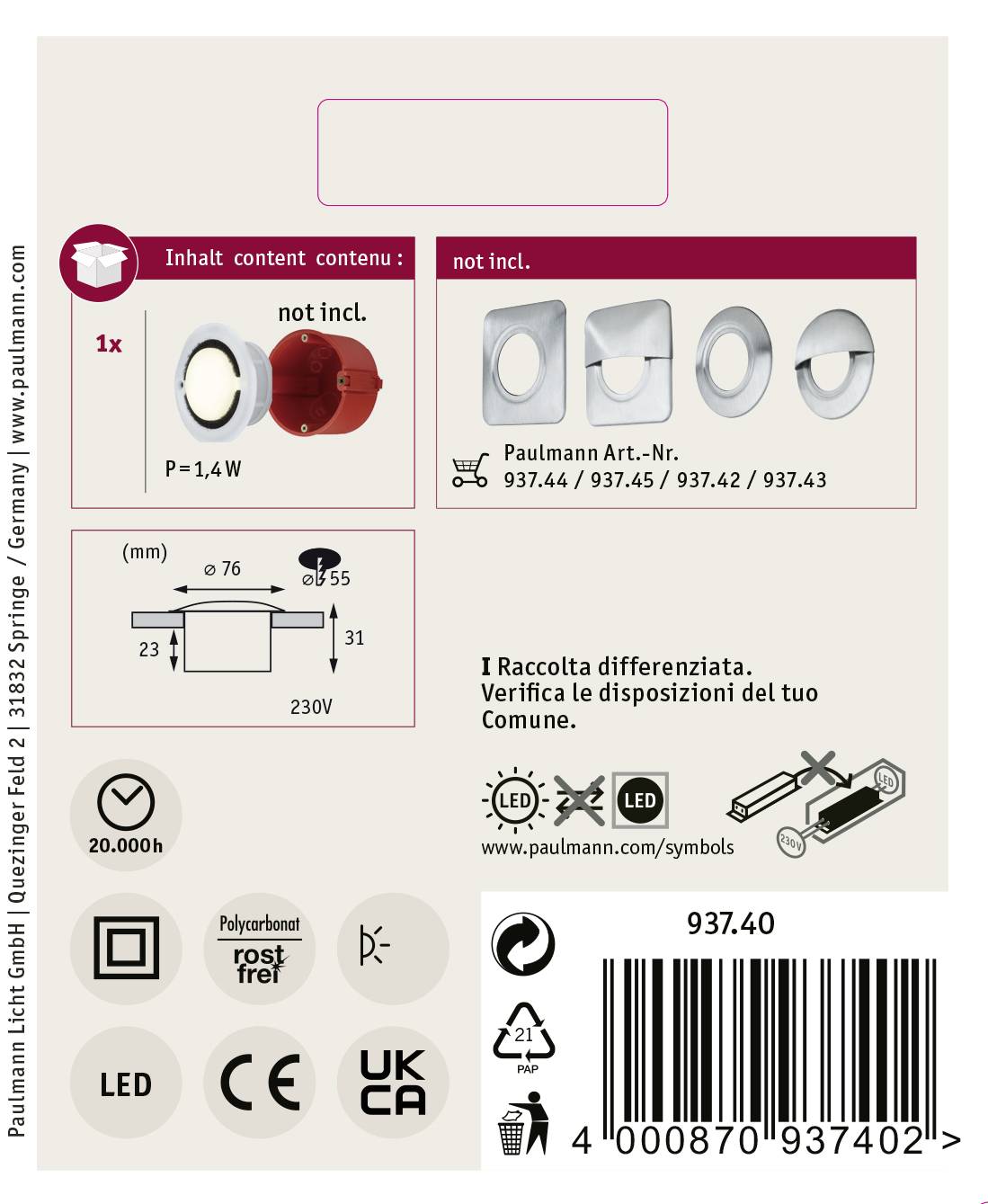 Paulmann Special Line 93740 Außeneinbauleuchte LED 1.4W Opal