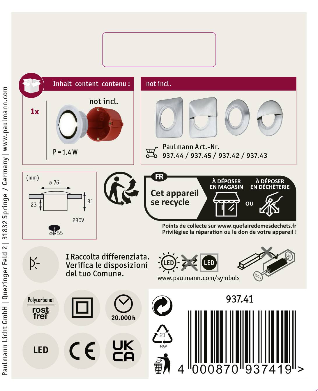 Paulmann Special Line 93741 Außeneinbauleuchte LED 1.4W Opal