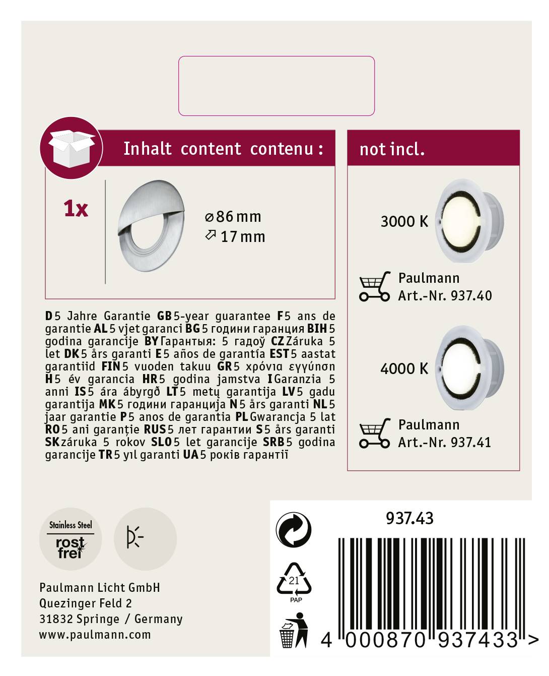 Paulmann 93743 Abdeckung Edelstahl