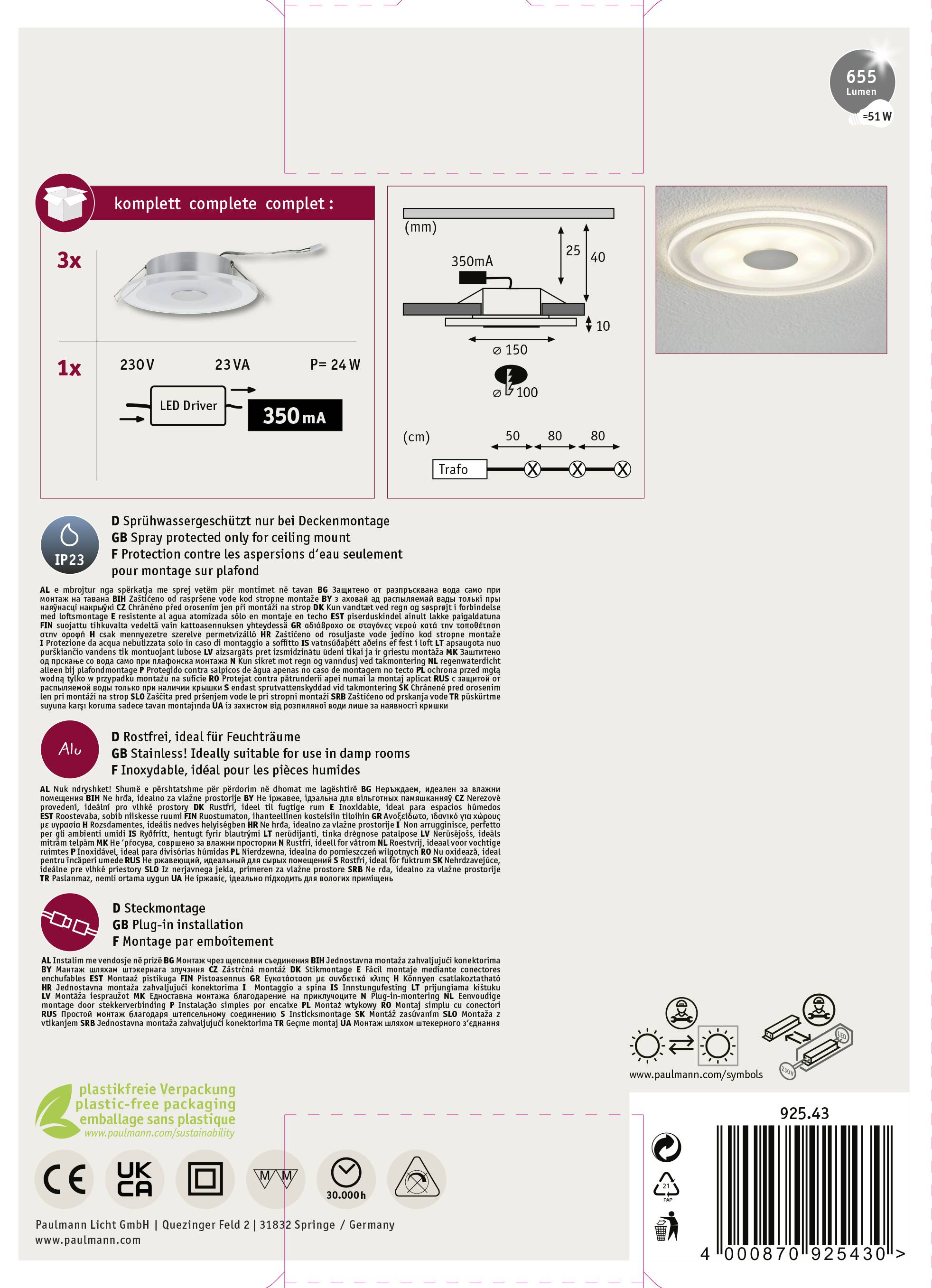 Paulmann 92543 Whirl LED-Einbauleuchte 3er Set LED LED fest eingebaut 18W Aluminium