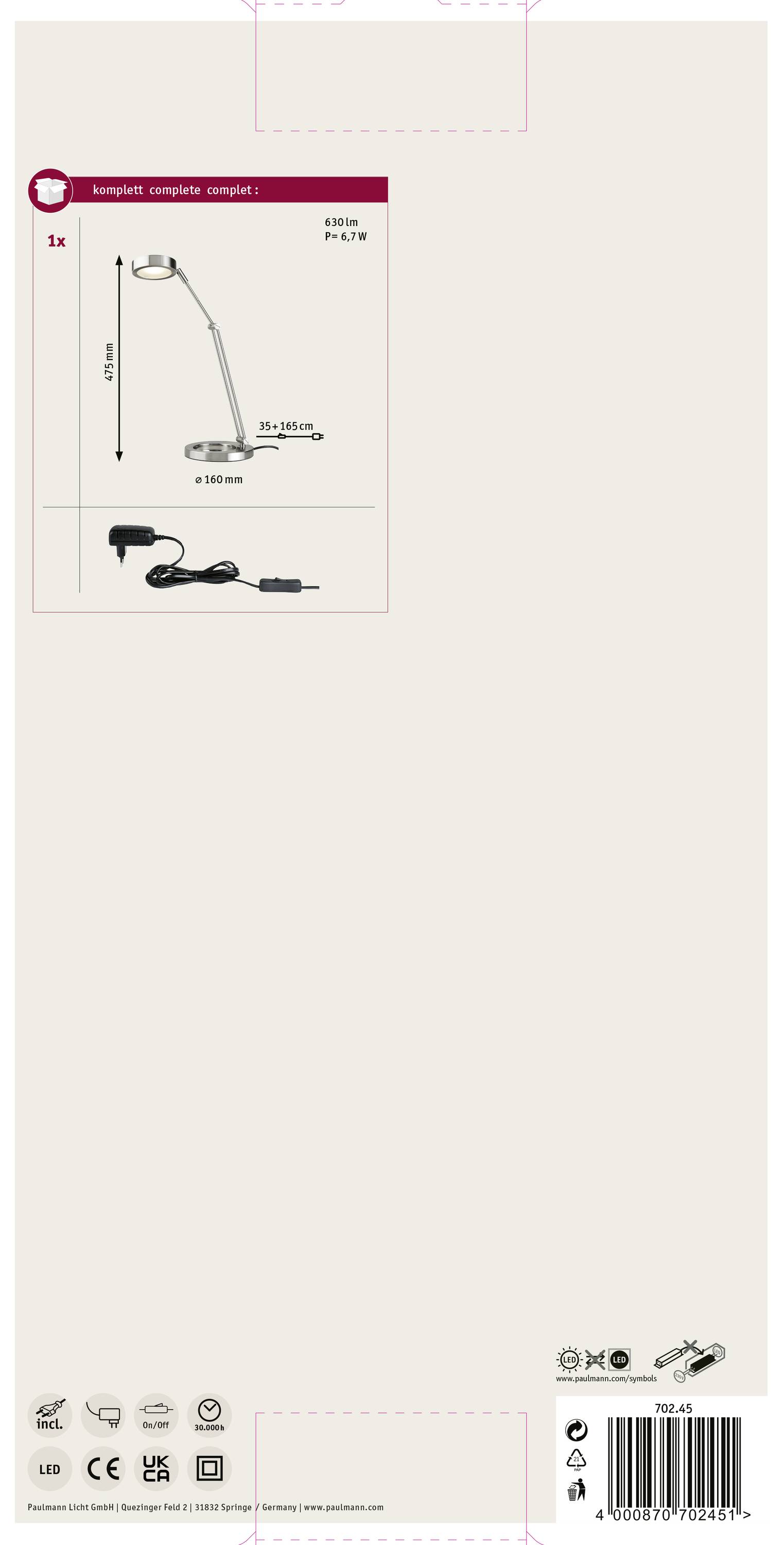 Paulmann Zed 70245 LED-Schreibtischleuchte LED LED fest eingebaut 6.7W Eisen