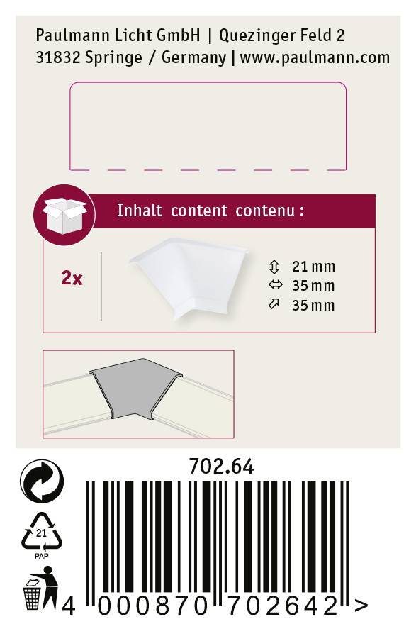 Zwei weiße Verbindungsstücke, Maße: 21 mm, 35 mm, 35 mm, mit Verpackungshinweis. Hersteller: Paulmann Licht GmbH.