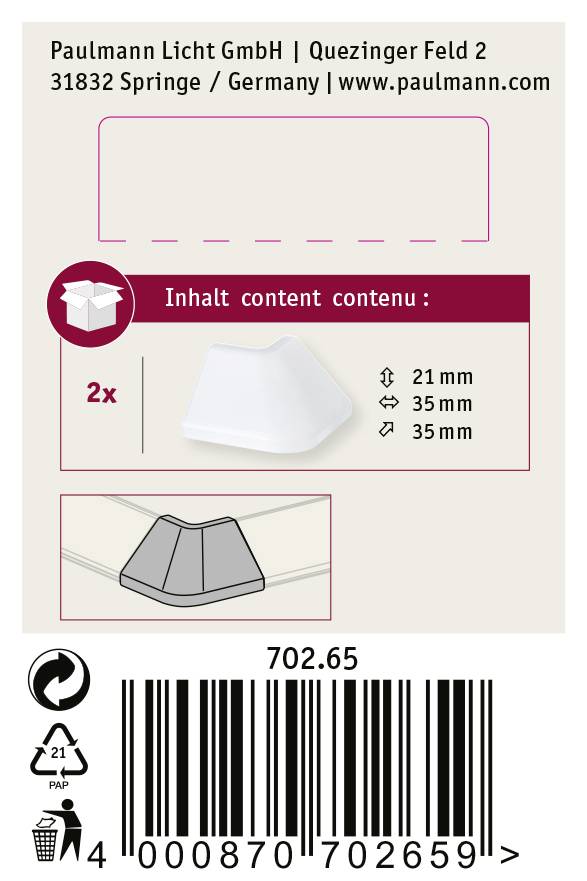 Verpackungsetikett eines Produkts der Paulmann Licht GmbH mit Abbildungen und Maßen von zwei weißen Kunststoffteilen: 21 mm, 35 mm.