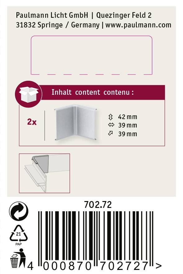 Verpackungsetikett für Paulmann Licht Eckprofil-Bausatz. Enthält 2 Stück, Größe 42 mm x 39 mm x 39 mm.