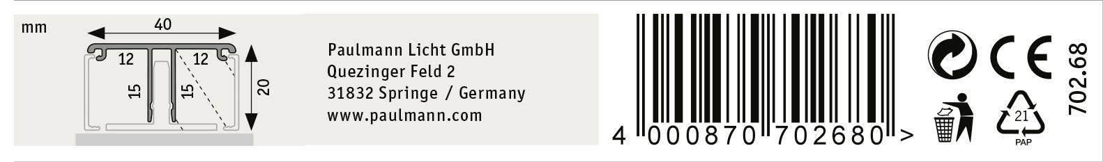 Etikett mit Strichcode und Firmeninformationen: Paulmann Licht GmbH, Adresse in Springe, Deutschland. Maße: 40 x 20 mm. CE-Zeichen vorhanden.