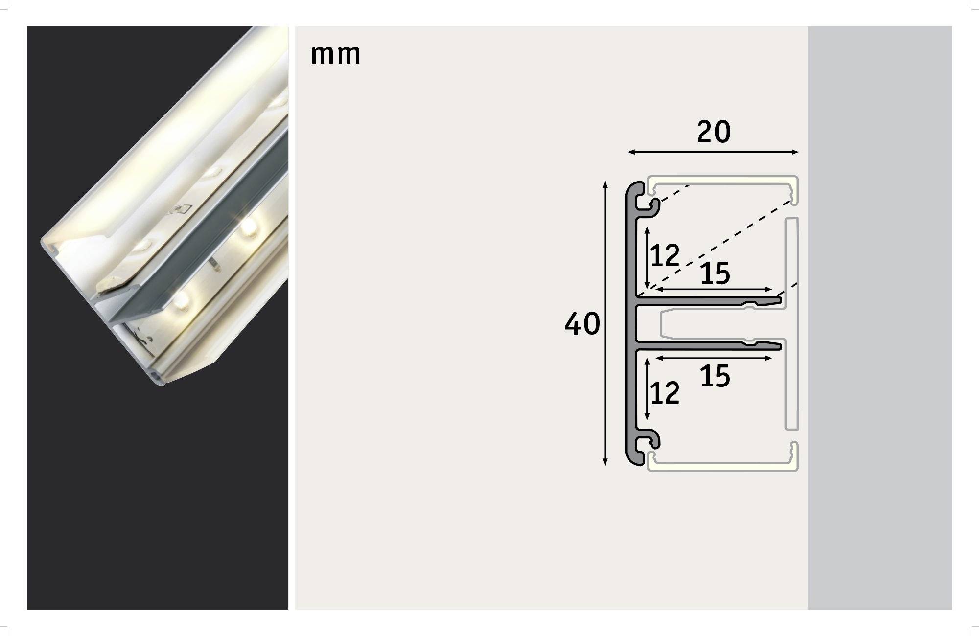 Profilzeichnung eines rechteckigen Metallrahmens mit den Maßen: Länge 40 mm, Breite 20 mm. Enthält innere Trennungen mit den Maßen 12 mm und 15 mm.